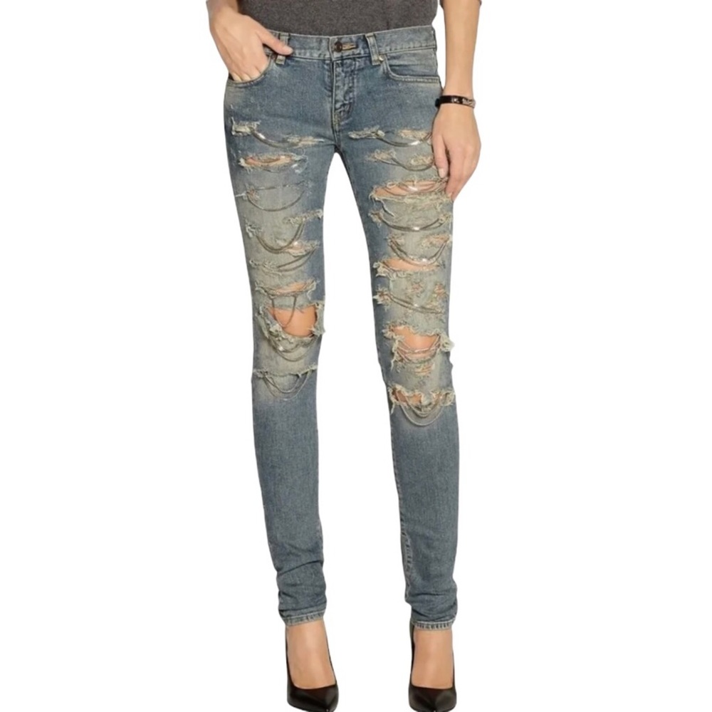 Saint Laurent Paris Skinny Shredded Chain Jean